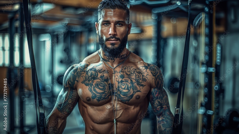 Fit man in a gym, tattoos visible, with a focused and intense expression, symbolizing dedication and strength, AI Generative Fit man in a gym, tattoos visible, with a focused and intense expression, symbolizing dedication and strength, AI Generative