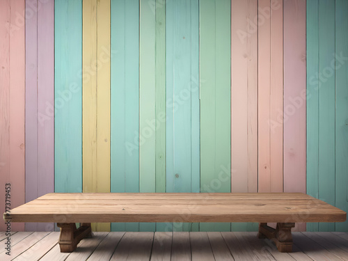 Empty old wooden table with pastel colored wooden background for products. For promotional blank copy space
