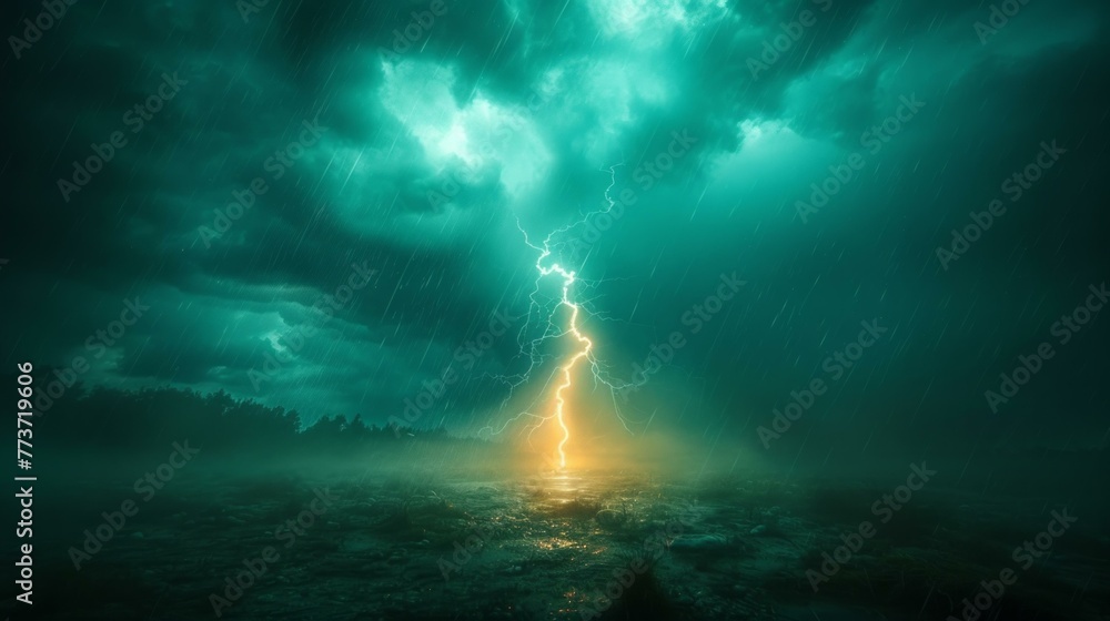 Lightning bolt illuminating the darkness, thunderstorm ambiance, electrifying and intense, panoramic view, digital painting, AI Generative