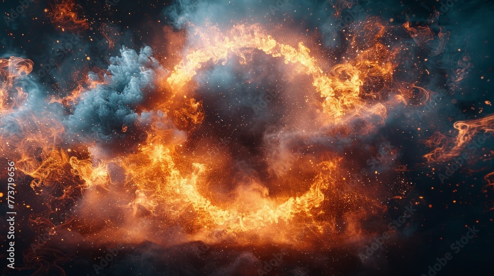 Fototapeta premium Ink water smoke circular frame, occult explosion smog, vibrant orange-red yellow glow, on dark abstract backdrop AI Generative