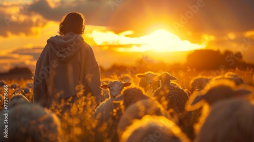 Jesus as the shepherd, watching over his flock during a serene sunset, a biblical portrayal, AI Generative