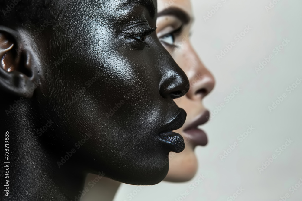 Two women demonstrating the diversity and unity of different nationalities. Side view, close-up of faces Two women demonstrating the diversity and unity of different nationalities. Side view, close-up of faces