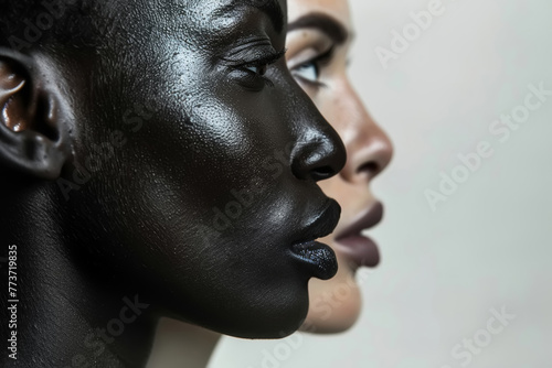Two women demonstrating the diversity and unity of different nationalities. Side view, close-up of faces