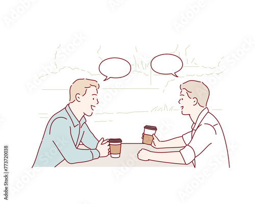Young business people are relaxing in a cafe and discussing abot new project. Hand drawn style vector design illustrations.