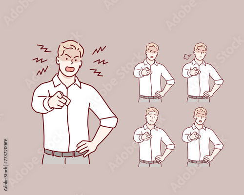 Angry man pointing his finger and shouting. Hand drawn style vector design illustrations.