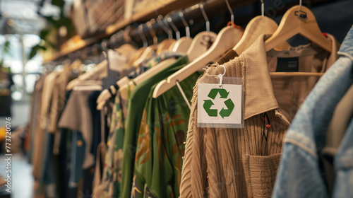 Recycle logo displayed on a sustainable fabric tag among a selection of environmentally conscious apparel. photo