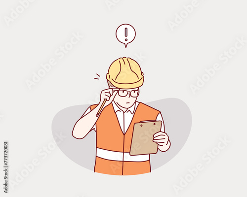Young civil engineer reading work on clipboard for planning construction building. Hand drawn style vector design illustrations.