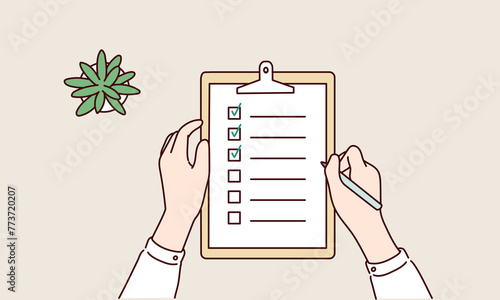 Hand writing something with a pen on a checklist note paper. Hand drawn style vector design illustrations.