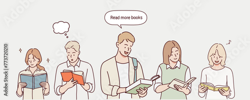 Group of people with books. Hand drawn style vector design illustrations.