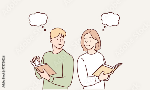 happy smiling adult couple  reading book. Hand drawn style vector design illustrations.