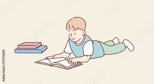  boy lying on the floor at home in day reading a book. Hand drawn style vector design illustrations.