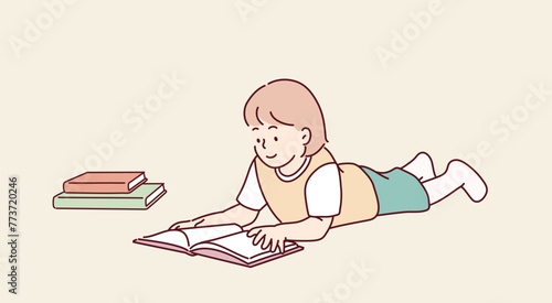  boy lying on the floor at home in day reading a book. Hand drawn style vector design illustrations.