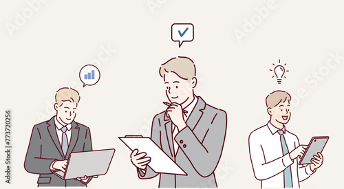 People holding tablet PC, paper documents set. Happy employee characters, experts, advisors with pads in hands. Business men. Hand drawn style vector design illustrations.