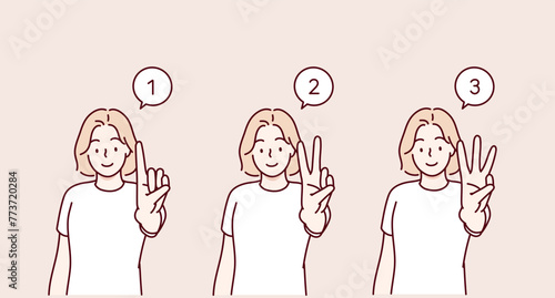 A woman doing one-finger, two-finger, and three-finger poses. Hand drawn style vector design illustrations. photo