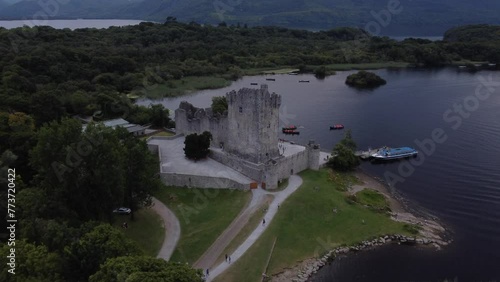 Ross Castle in Killarney National Park, County Kerry. Ireland. Aerial shot of the castle, showing the park and the lake. Part 1. photo