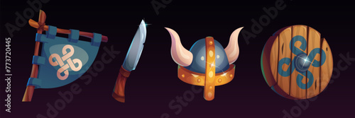 Viking cartoon game ui icons. Vector illustration set of magic medieval warrior weapon and equipment - wooden round shield, helmet with horns and knife with metal blade, triangle flag with symbol.