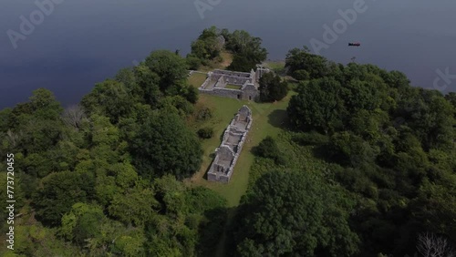 Innisfallen Abbey Monastery 1.5km from Ross Castle in the heart of Killarney National Park. Aerial shot of the ruins in Ireland. Part 2 photo