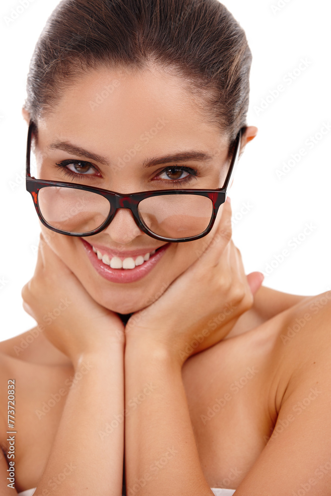 Woman, portrait and glasses in studio for ophthalmology, lens and confidence for frame or eyewear. Female person, eyecare and smile for eye insurance on white background, optometry and prescription Woman, portrait and glasses in studio for ophthalmology, lens and confidence for frame or eyewear. Female person, eyecare and smile for eye insurance on white background, optometry and prescription