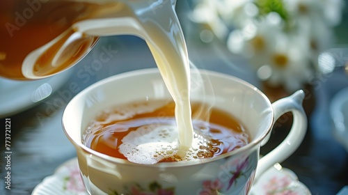 A cup of tea with milk being added.