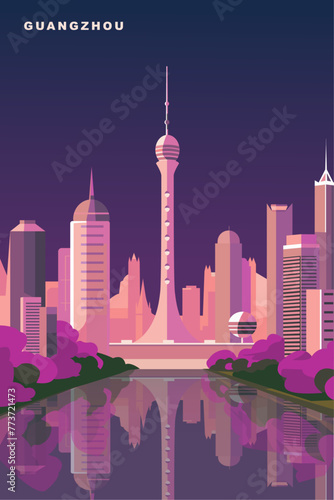 Guangzhou retro city poster with abstract shapes of skyline, buildings at night. Vintage China, Guangdong province metropolitan  travel vector illustration