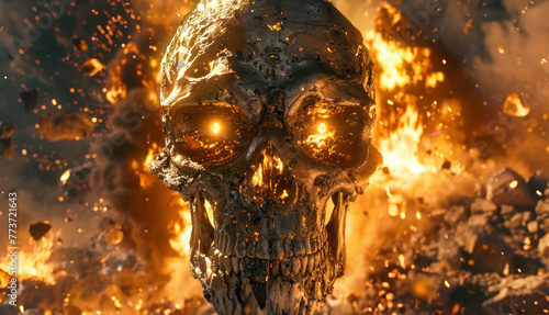 Glowing-Eyed Skull in Front of Fire