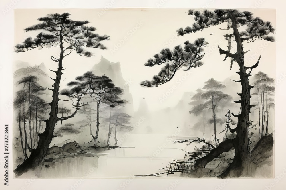 Chinese ink painting art background elegant tranquil landscap