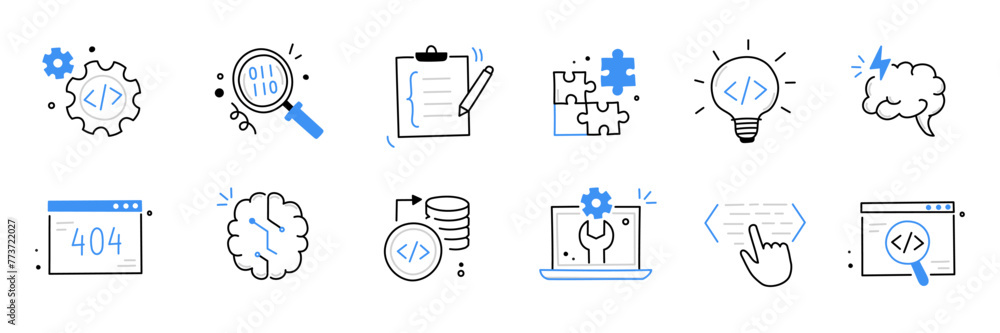 Software code icon doodle set. Hand drawn line sketch software coding doodle. Computer program build technology, data operate, application product test icon. Program build vector illustration - obrazy, fototapety, plakaty 