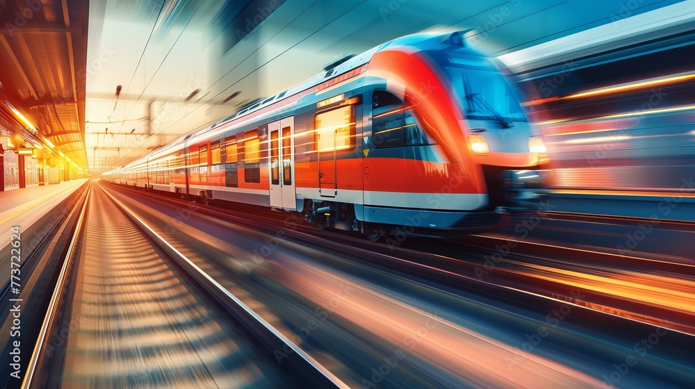 Fototapeta premium High-Speed Electric Train in Motion at Sunset, Vibrant Colors, Blurred Motion, Urban Transit