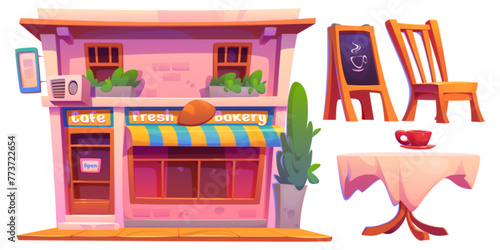 Outside street cafe or restaurant building set. Shop exterior and terrace illustration with table, chair, sign board furniture. Urban small business storefront patio scene for breakfast in downtown.