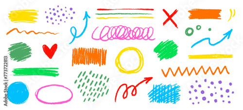 Crayon color pencil texture brush stroke element. Children crayon color brush stroke texture arrow, circle, underline shape. Hand drawn childish chalk pencil scribble. Vector illustration.