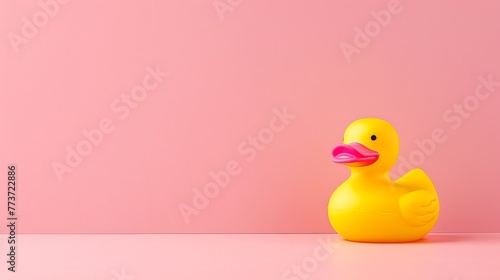 Classic Yellow Rubber Duck Toy on Soft Pink Background