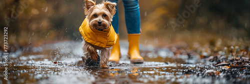 Dog in raincoat splashing through puddles. Dynamic pet portrait in autumn rain. Design for greeting cards, pet apparel promotion, and outdoor adventure concept. photo
