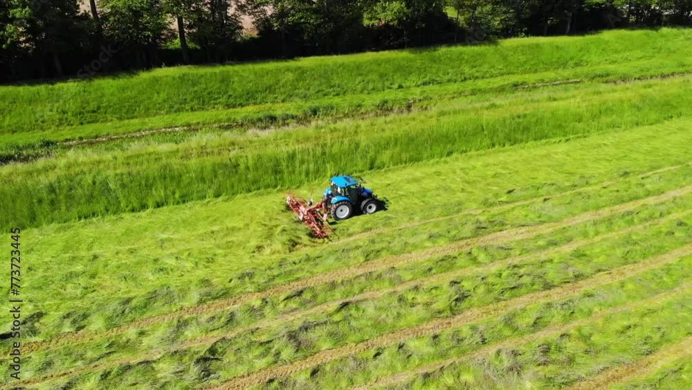 Hay tedder in action filmed from above during hay harvest. Hay tedder in action filmed from above during hay harvest.