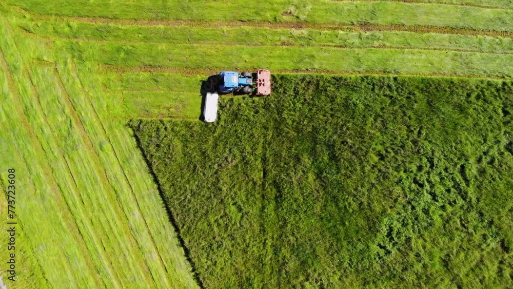 Tractor with double mower filmed during hay harvest. Tractor with double mower filmed during hay harvest.