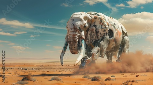 Futuristic Mechanical Elephant in Arid Desert Landscape at Dusk