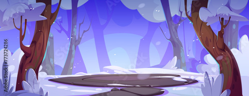Stone round battleground arena or podium in winter snowy forest. Cartoon vector landscape with rock circular platform surrounded by trees and ground covered with snow. Battle arena or magic portal. © klyaksun