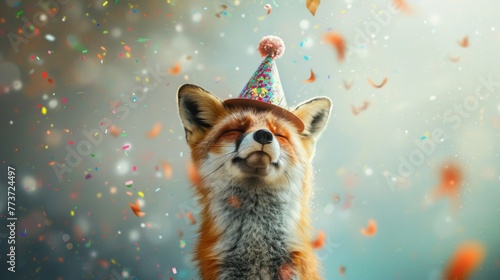 A photorealistic red fox wearing a party hat with confetti around, looking happy and smiling
