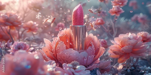 Enchanting 3D render of a magical, oversized lipstick with a blooming, rose-like bullet and tiny, fairy-like creatures dancing among the petals photo