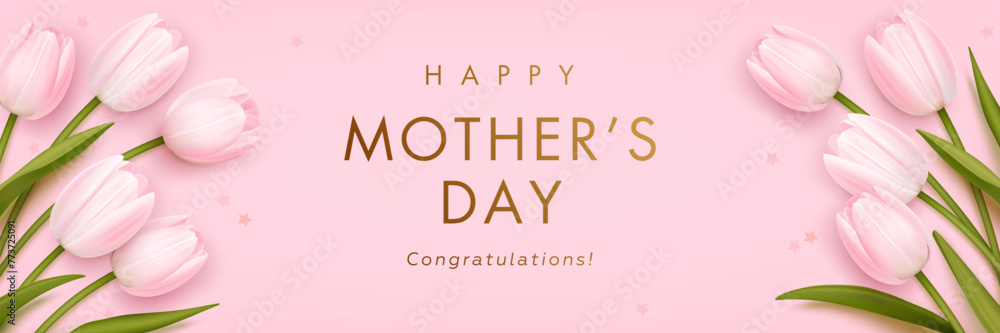 Mothers day horizontal billboard or web banner with realistic 3d pink tulips and golden text on pink background. Floral festive elegant wallpaper. Vector illustration