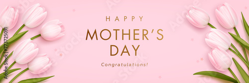 Mothers day horizontal billboard or web banner with realistic 3d pink tulips and golden text on pink background. Floral festive elegant wallpaper. Vector illustration