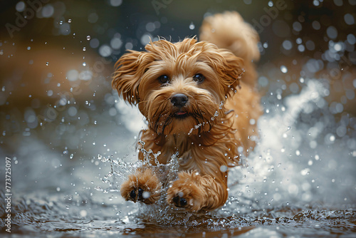 Dog running in water with splash effect. Action animal photography with autumn leaves. Active lifestyle concept for banner, poster, wallpaper design. Close-up with copy space.