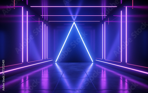 A futuristic neon-lit corridor with glowing purple and blue lights, evoking a sci-fi atmosphere. Generative AI