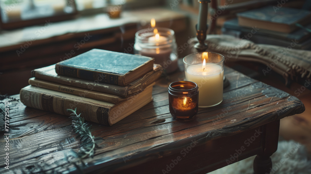 Inviting and warm reading nook with stacked vintage books and lit candles, evoking a sense of calm and relaxation