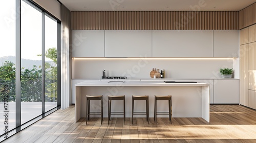 Wallpaper Mural Kitchen interior in beautiful new luxury home with kitchen island and wooden floor, bright modern minimal style, with copy space for text. Torontodigital.ca