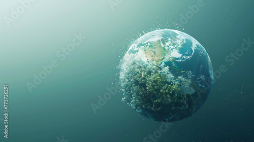 Planet Earth engulfed in green leaves on gradient background with copy space, green energy and ecological balance