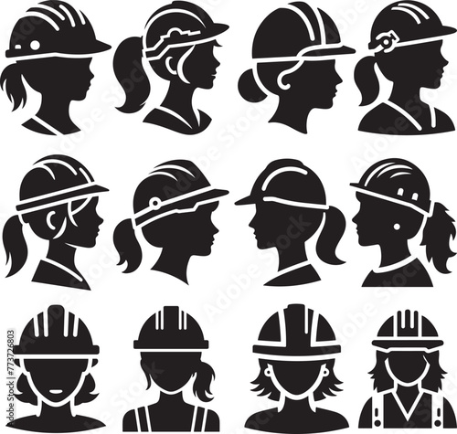 Construction women workers head with safety hard hat vector icon set.