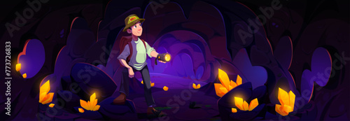 Man tourist or explorer with backpack and flashlight in dark cave with golden crystals. Cartoon vector illustration of person in underground cavern with treasure or gold mine. Dungeon with gem cluster