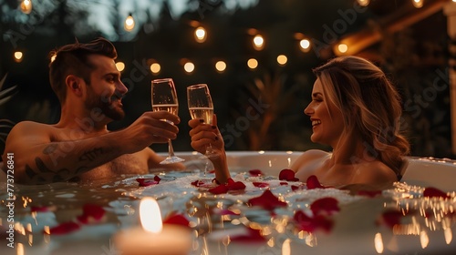 Couple in spa bath. Attractive man and woman relaxing with wine champaign candle in hot tub pool, romantic honeymoon vacation at luxury resort hotel.