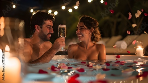 Couple in spa bath with wine. Happy man and woman relaxing with glass of champaign and candlelight, rose petal in hot tub swimming pool. Romantic honeymoon holiday vacation travel luxury resort hotel.
