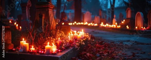 Candlelit graves on peaceful evening